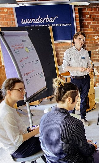 Momentaufnahme des Business Dialogs. Meherere Personen sitzen auf Hockern und hören einem Vortrag zu. 