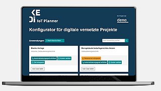 Mockup eines Laptops. Auf dem Bildschirm wird die Startseite des KEDi IoT-Planners angezeigt.