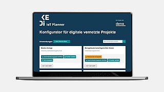 Mockup eines Laptops. Auf dem Bildschirm wird die Startseite des KEDi IoT-Planners angezeigt.